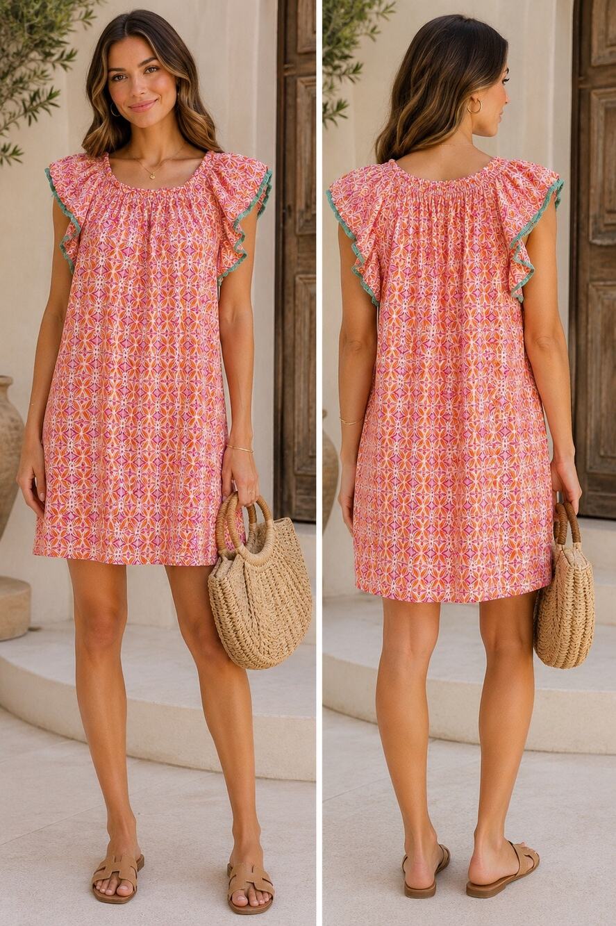 THML Pink Orange Geometric Print Boho Ruffle Sleeve Dress XS